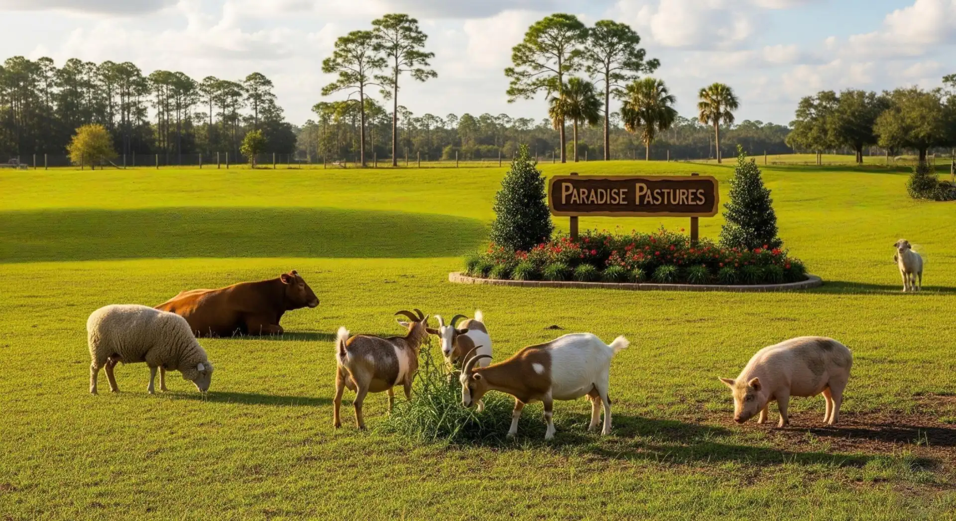 Paradise Pastures farm with rescued animals grazing in peaceful green fields